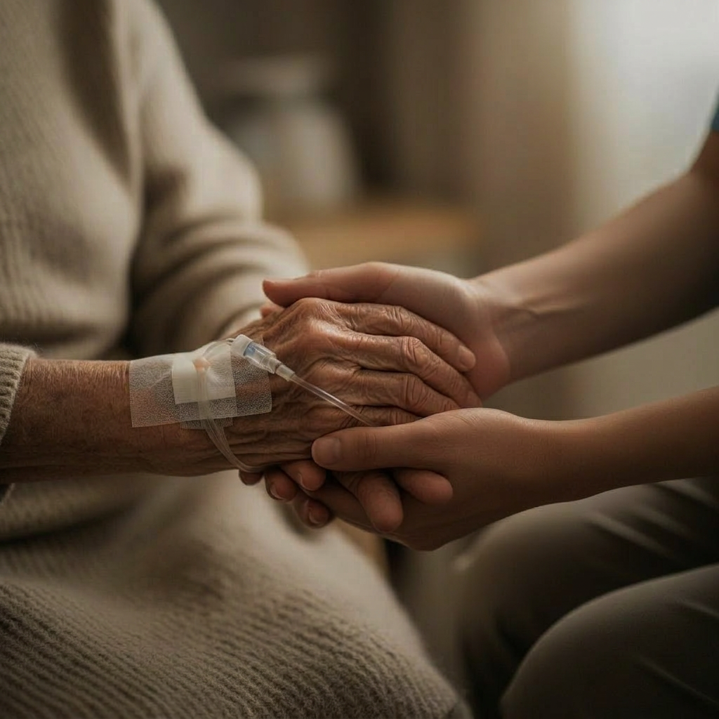 Hands offering palliative care and comfort